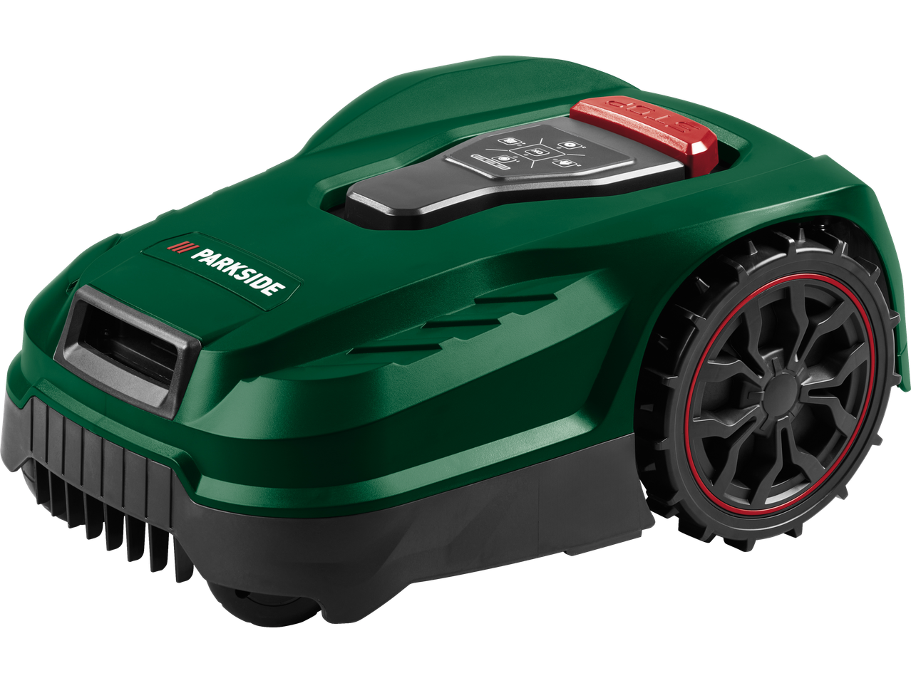 PARKSIDE® 20V Robot Lawn Mower in green with black and red accents.