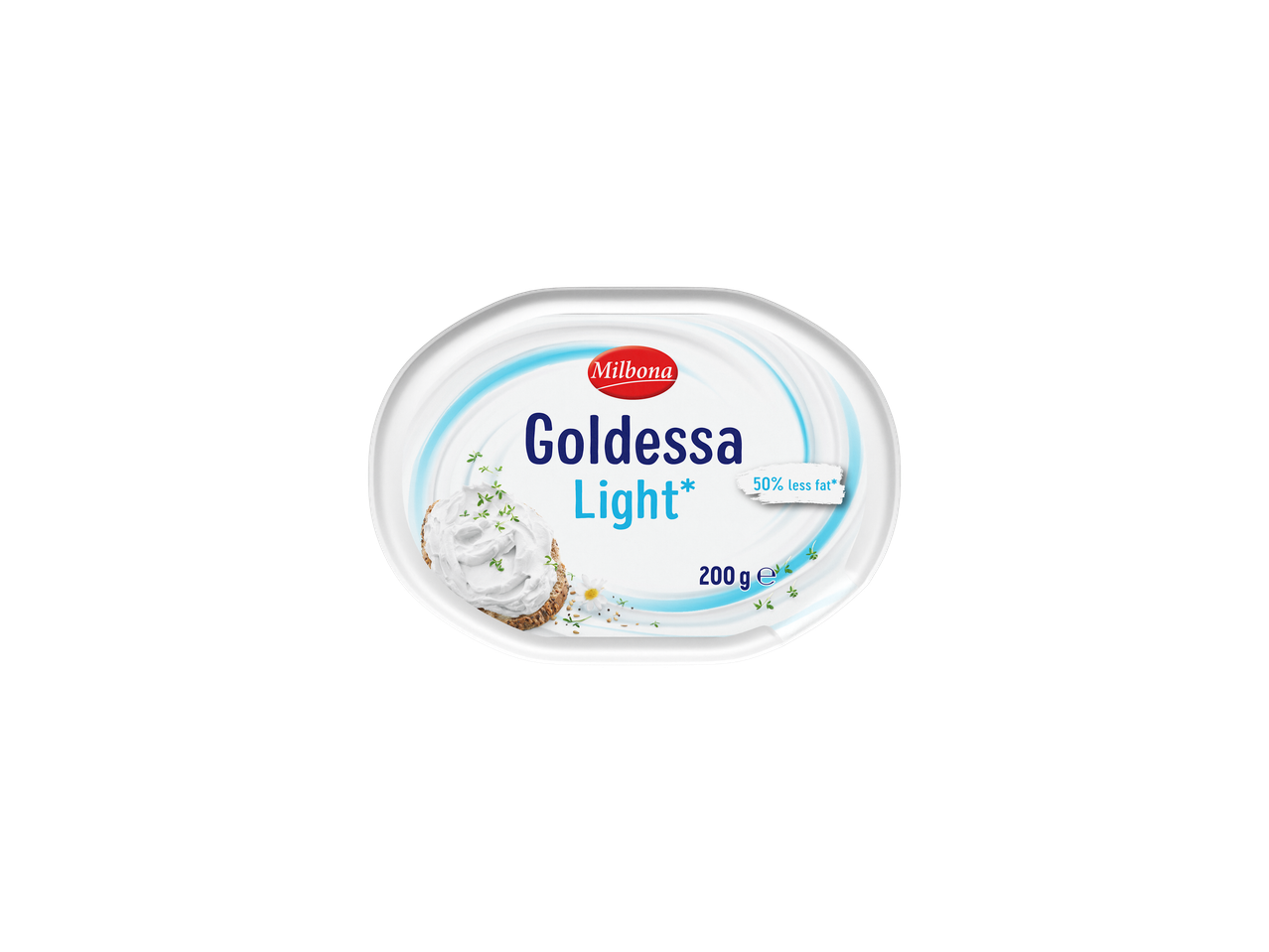 Milbona Goldessa Light roomkaasbakje met een cracker en kruiden.