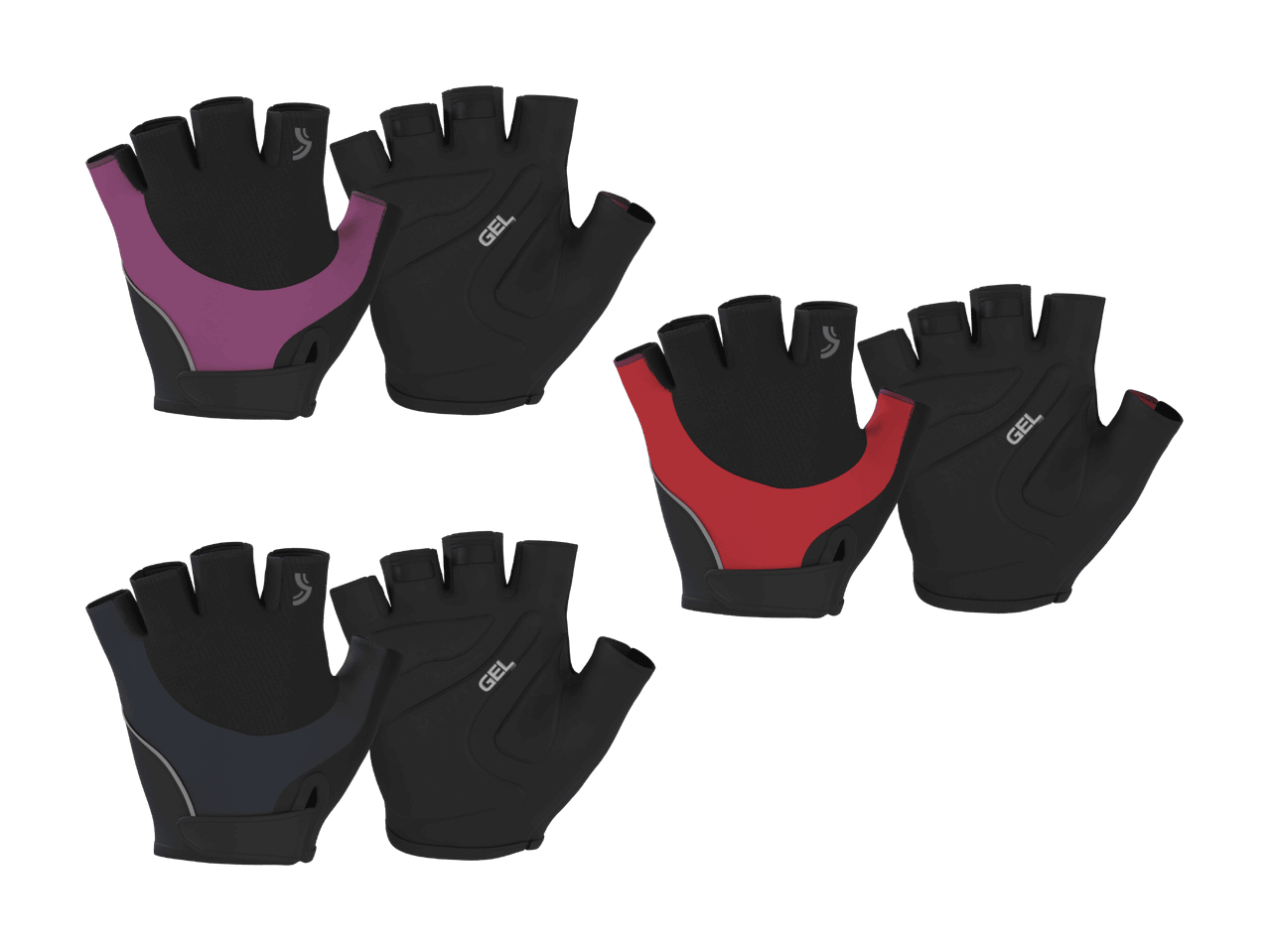 Fingerlose Fahrradhandschuhe in drei Farbvarianten: Lila, Rot und Dunkelblau.