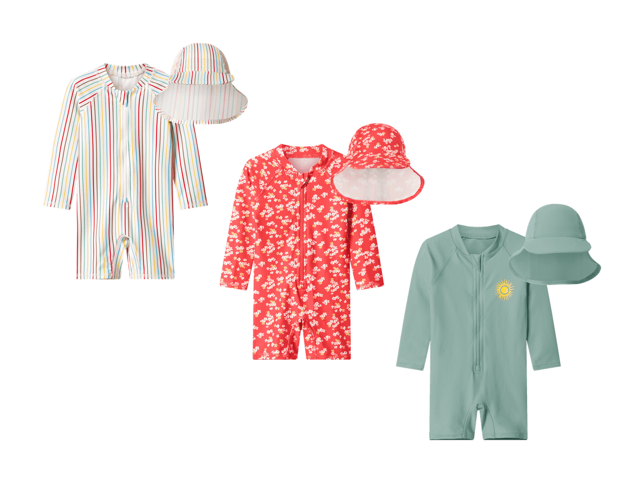 Drei Baby-Badeanzüge mit passenden Hüten: gestreift, geblümt und einfarbig mit Sonne.
