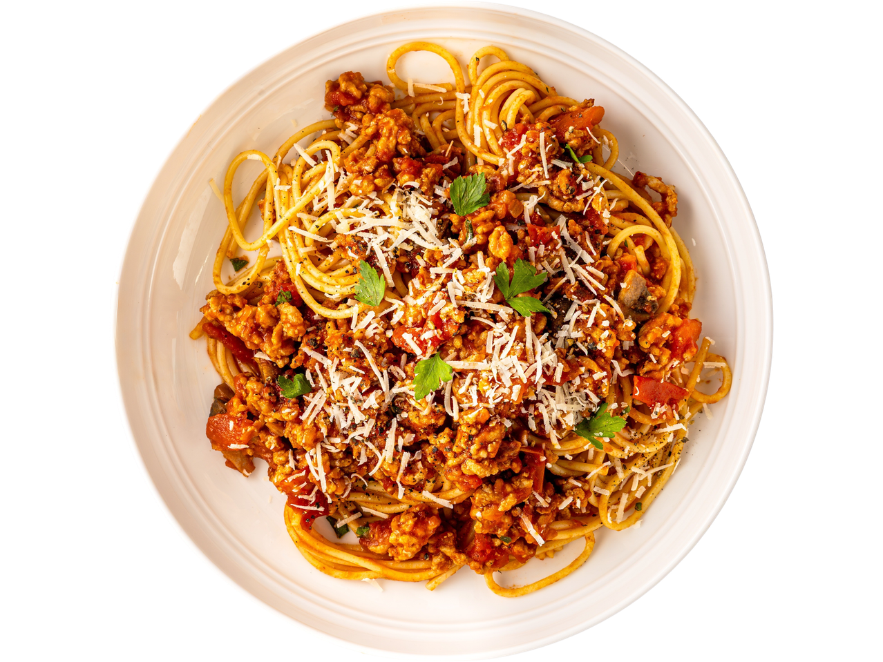 A plate of spaghetti with meat sauce, topped with grated parmesan cheese and parsley.