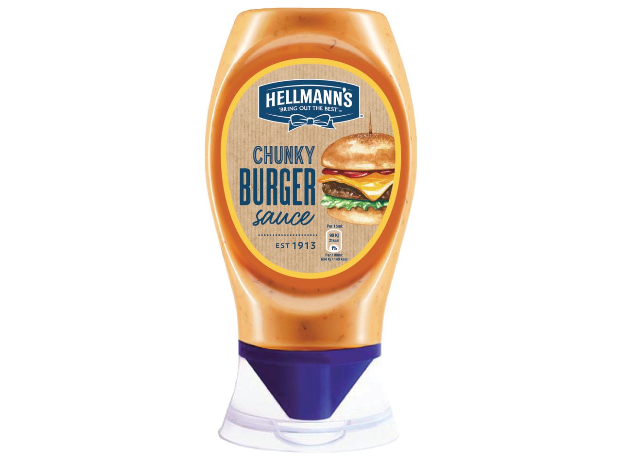 Бутилка сос за бургер с етикет, изобразяващ бургер и текст „Chunky Burger Sauce“.