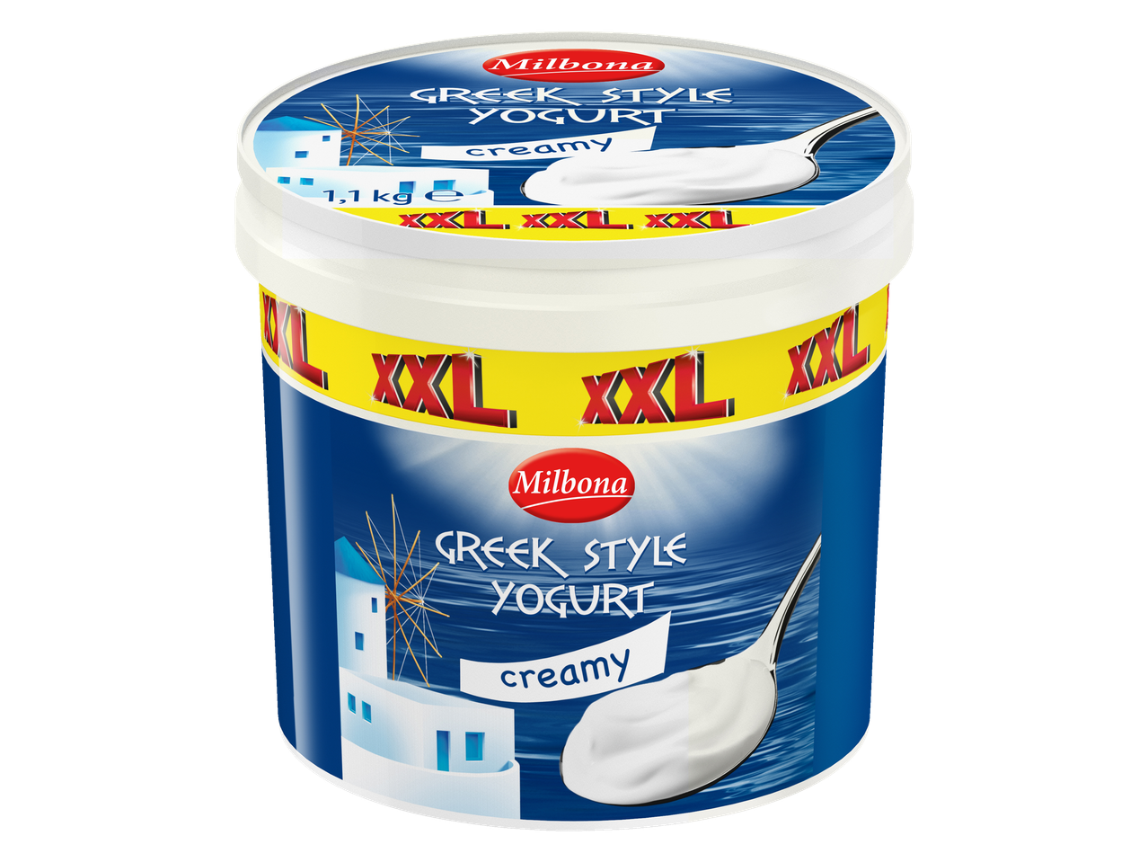 Iogurte grego cremoso Milbona XXL em embalagem grande.