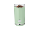 Moedor de café verde menta com grãos de café, botão prateado e faixa decorativa.
