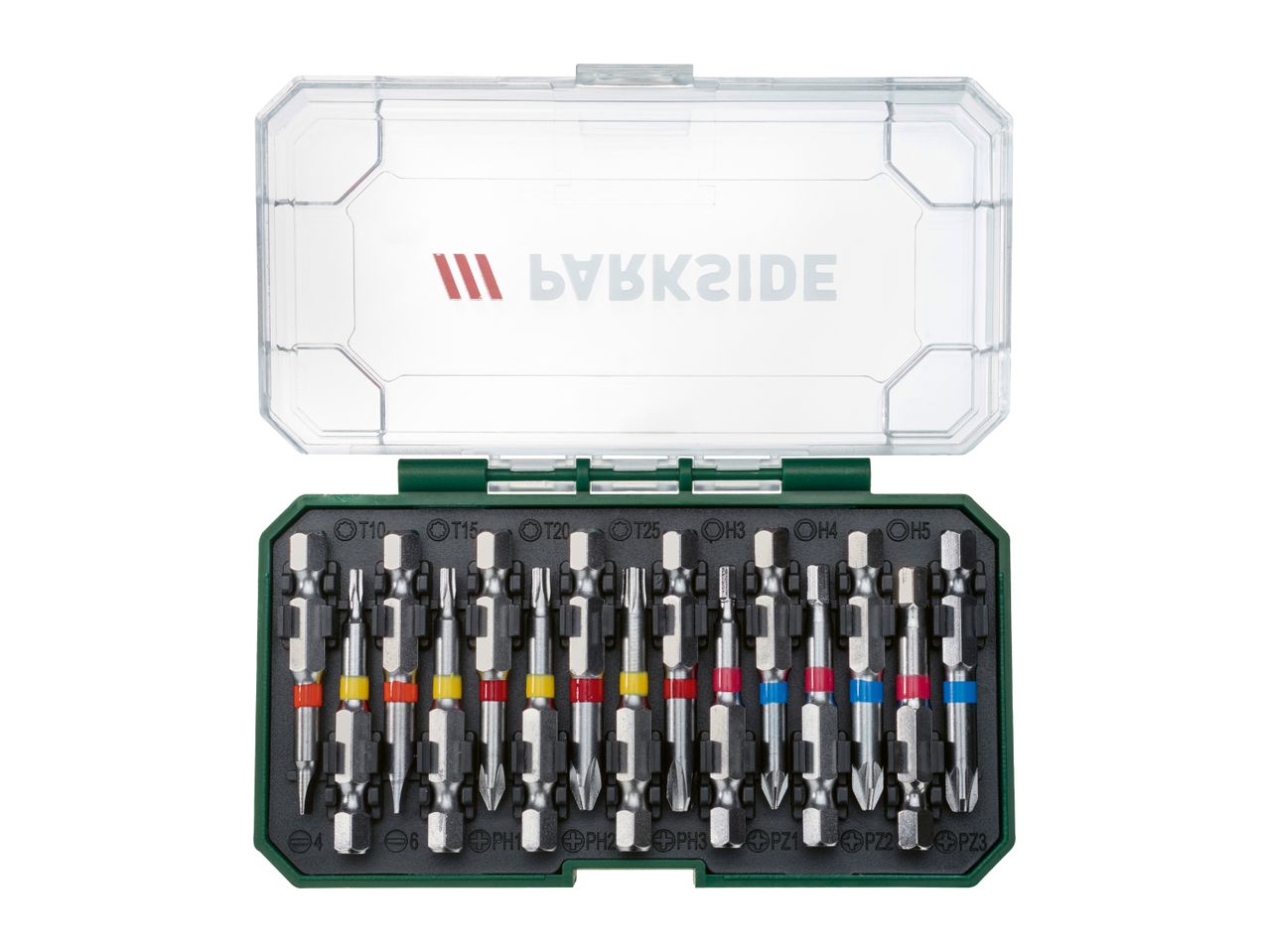 Screwdriver bit set in a clear plastic case, with various bit types including T10, T15, T20, T25, H3, H4, H5, PH1, PH2, PH3, PZ1, PZ2, PZ3.