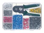 Crimping tool with various insulated wire ferrules in a clear organizer box.