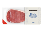 Опаковка с необработен свински гръбнак, с етикет „Back Bacon Unsmoked“, 300g.