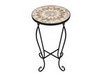 A mosaic-top side table with a metal frame.