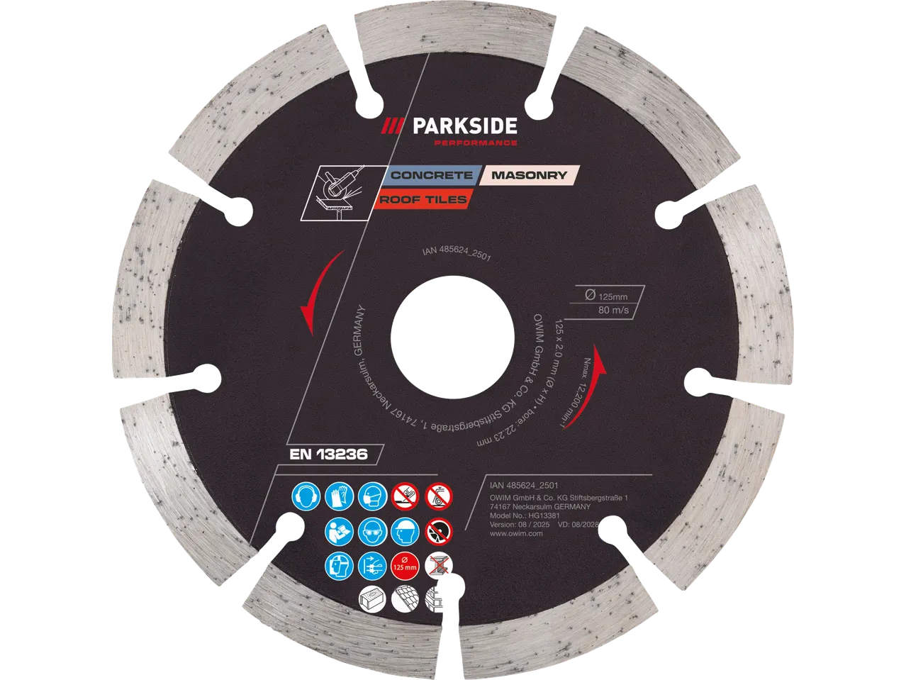 Parkside Performance® teemantlõikeketas betoonile, müüritisele ja katusekividele, 125 mm.
