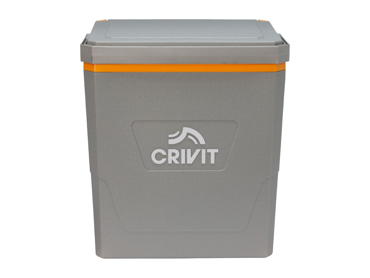 Grey and orange cooler box with a textured surface and a logo on the front.