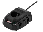 Black 12V battery charger with a power cord and indicator lights.