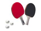 Two table tennis rackets, one red and one black, with three white table tennis balls.