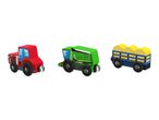 Red tractor, green combine harvester, and blue trailer with hay bales, toy vehicles.