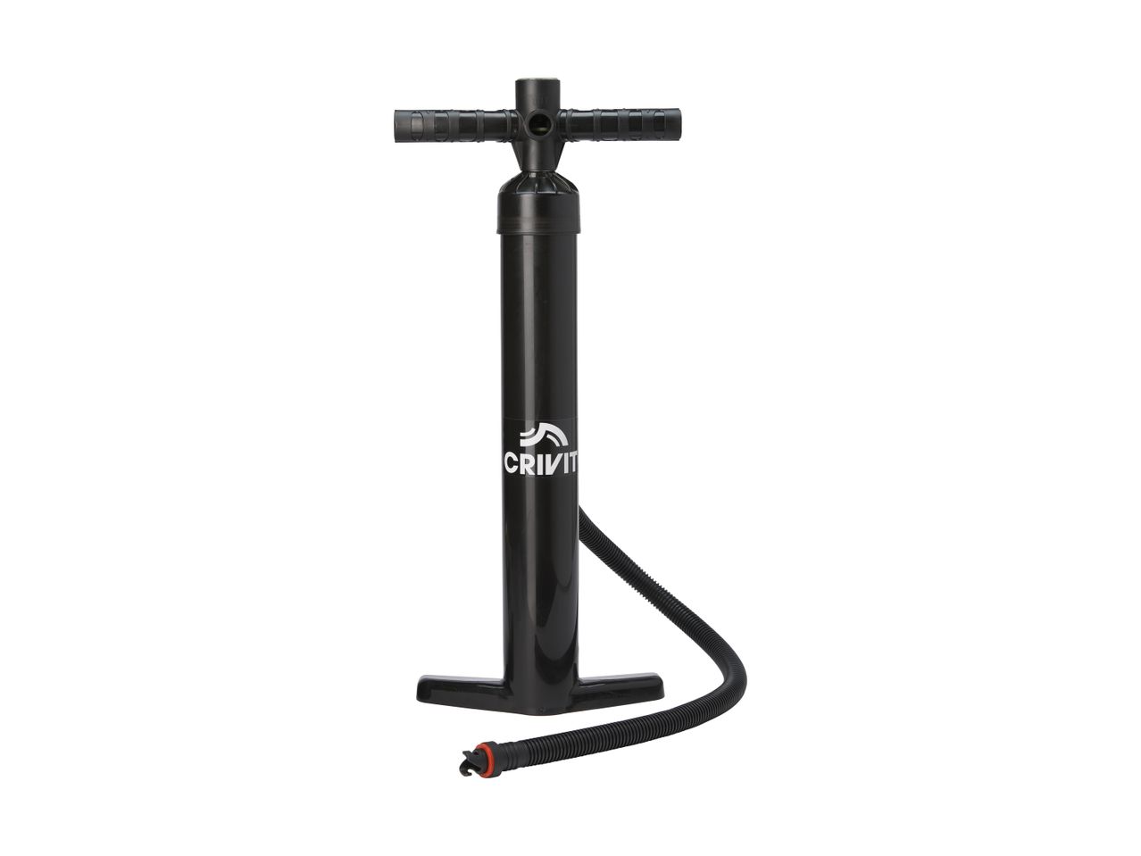 Black hand pump with a flexible hose and a T-handle, used for inflating items.