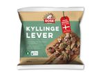 Emballage med kyllingelever, der fremhæver langsomt voksende kyllinger og ingen antibiotikabehandling.