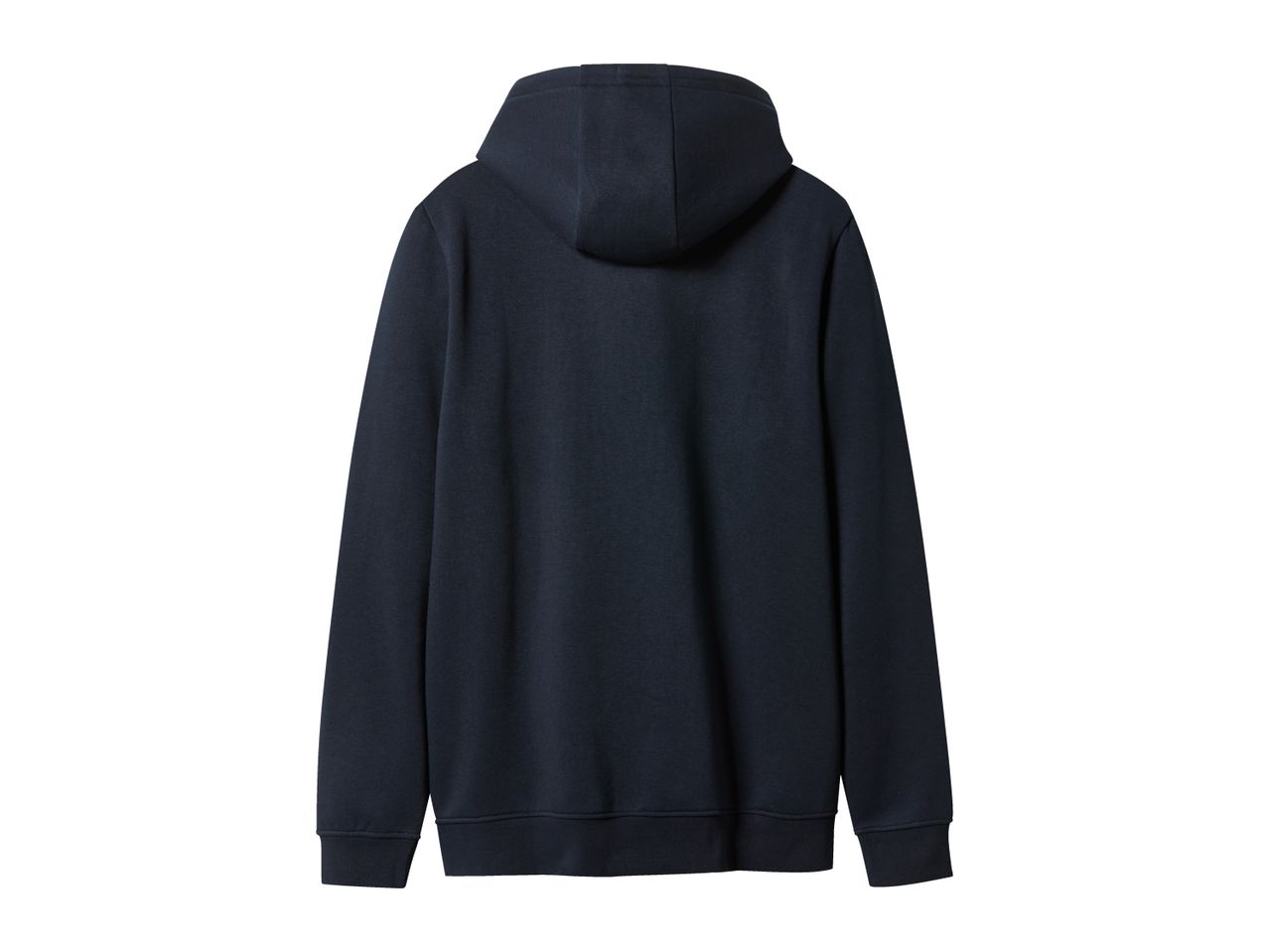 Dark blue hoodie with a hood, long sleeves, and ribbed cuffs and hem, viewed from the back.