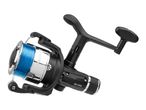 Black fishing reel with blue line, featuring a chrome spool and textured grip.