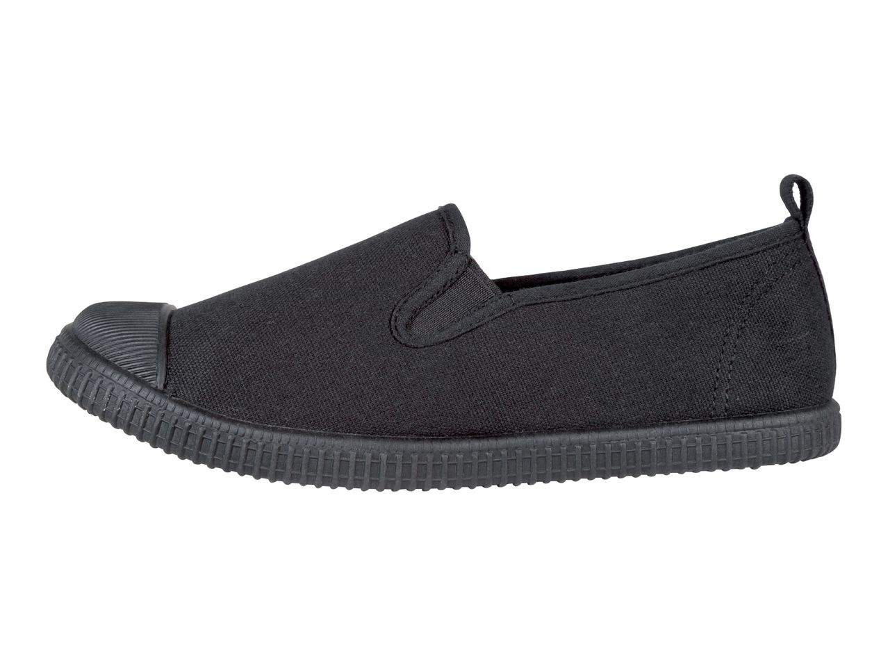 A black canvas slip-on shoe with a textured sole.