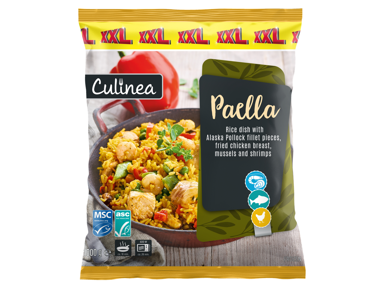 Paella Culinea XXL cu pește pollock din Alaska, pui, midii și creveți.