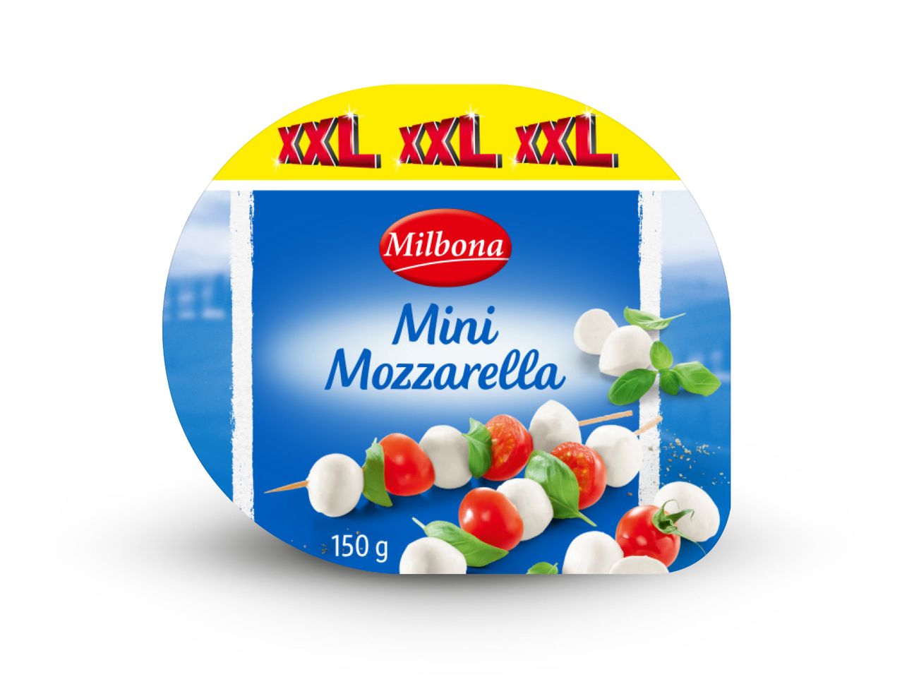 Milbona Mini Mozzarella, 150 g, s rajčicama i bosiljkom na ražnjićima.