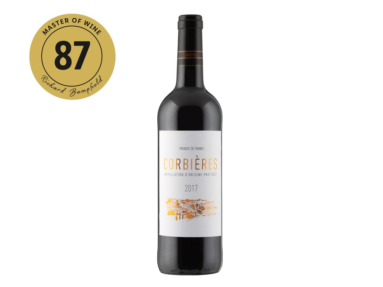 2017 Corbières wine bottle, 87 rating by Richard Bampfield.