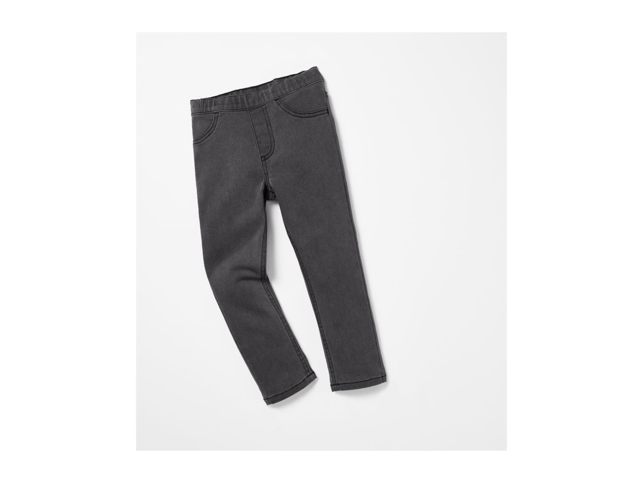 Dark gray jeggings with an elastic waistband and faux front pockets.