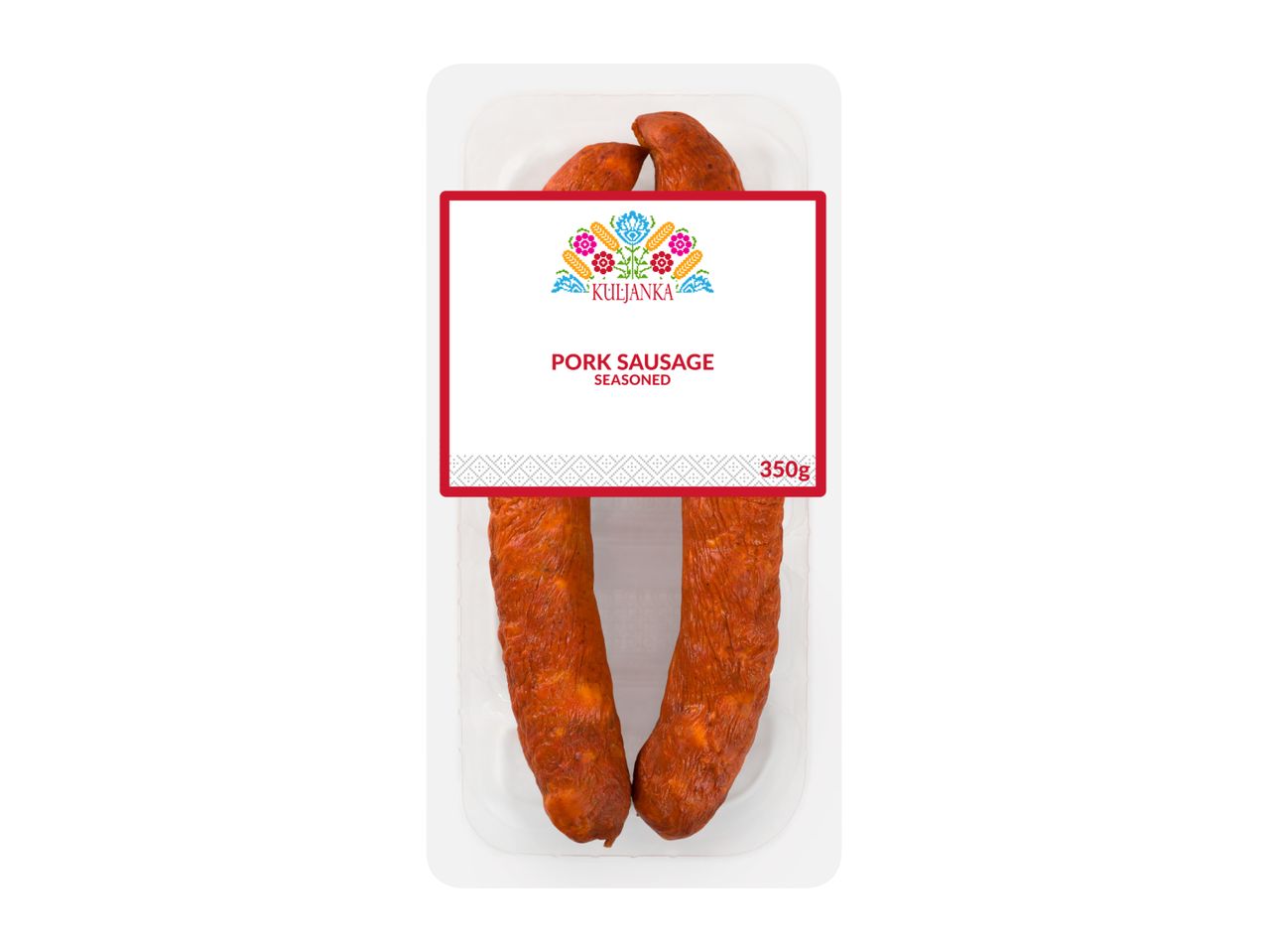 Two seasoned pork sausages in a clear plastic tray with a decorative label, 350g.