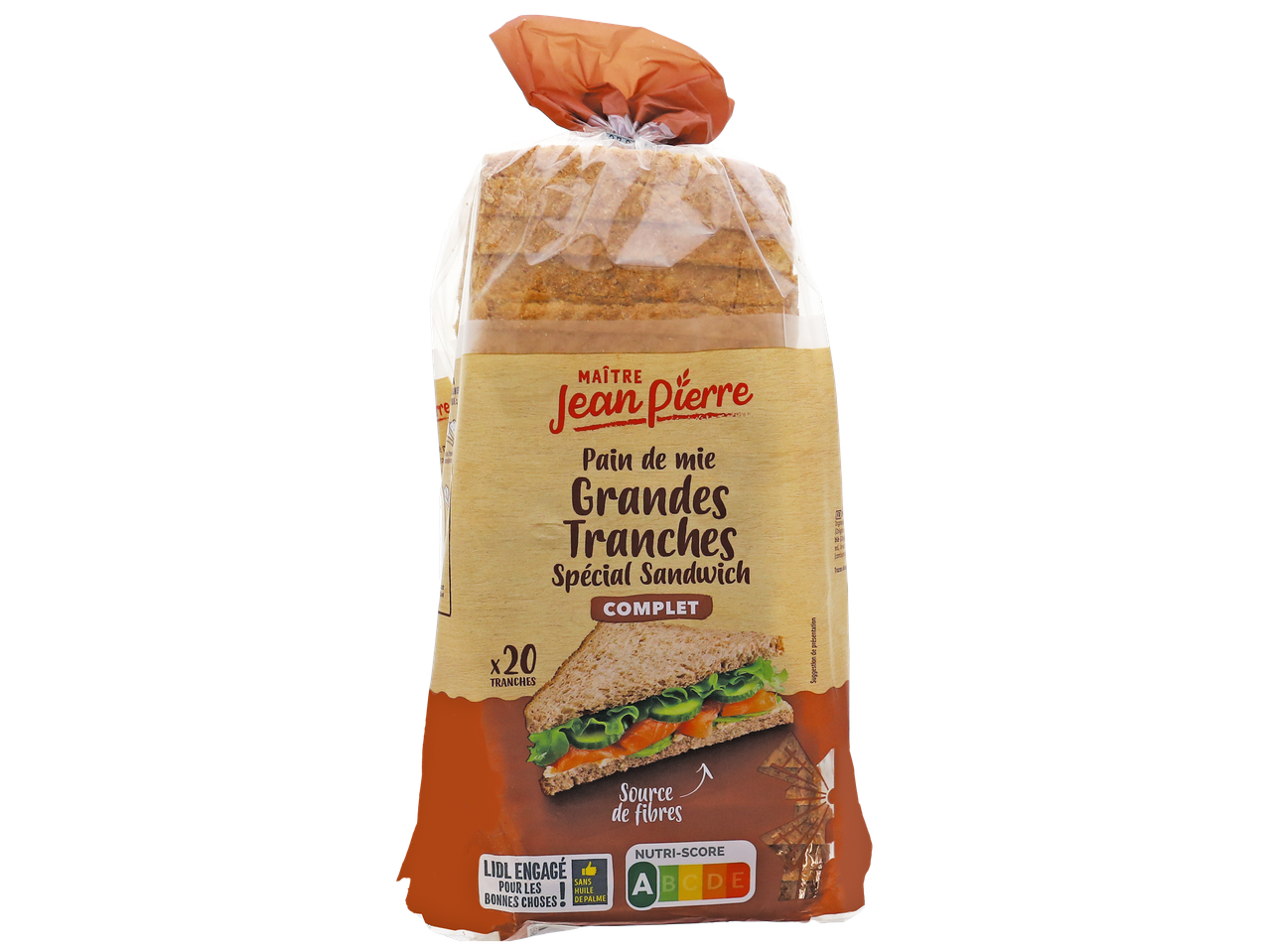 Paquet de pain de mie complet, grandes tranches spéciales sandwich, 20 tranches, source de fibres, Nutri-Score A.