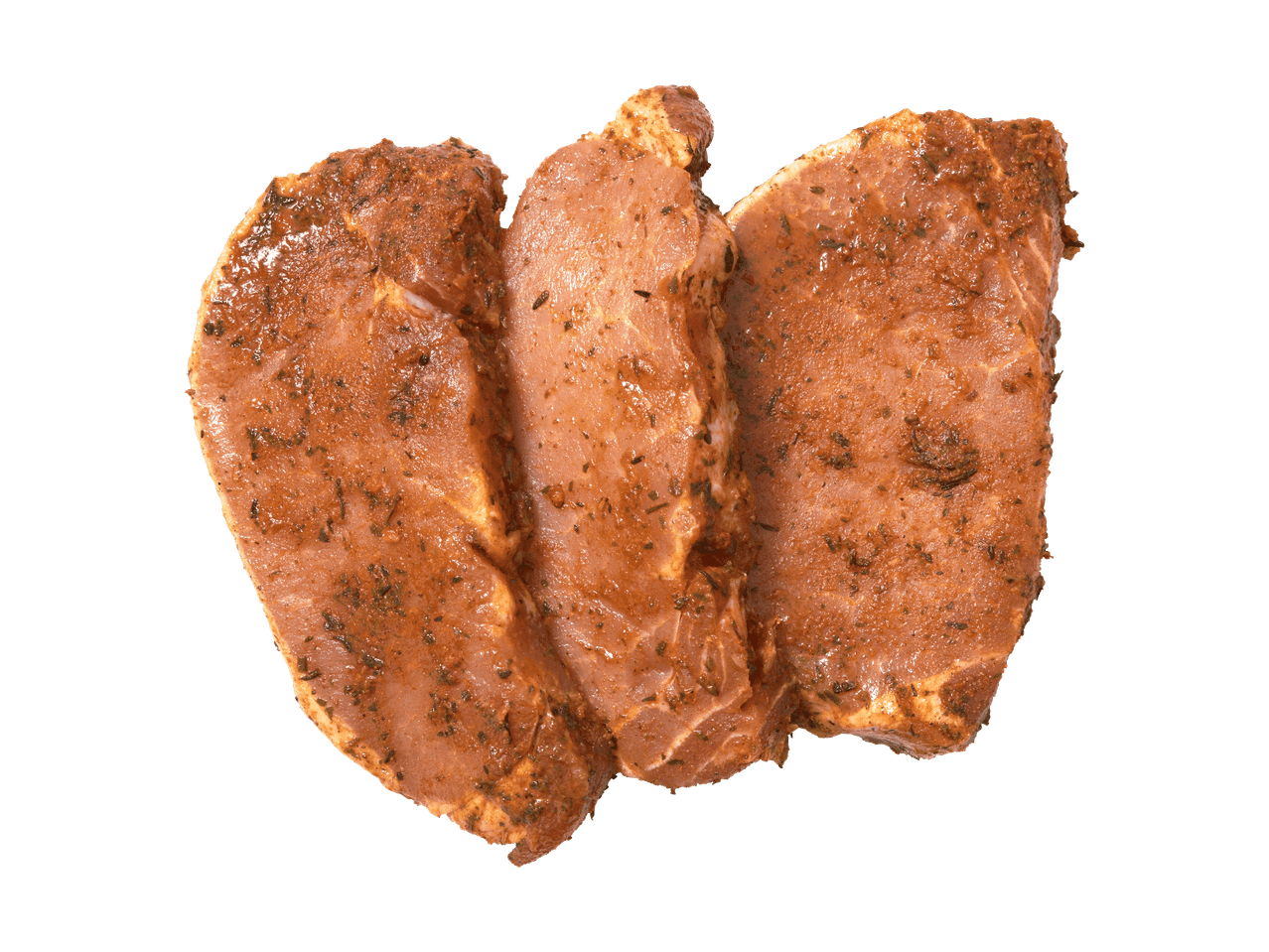 Tre fette di carne marinata con erbe e spezie.