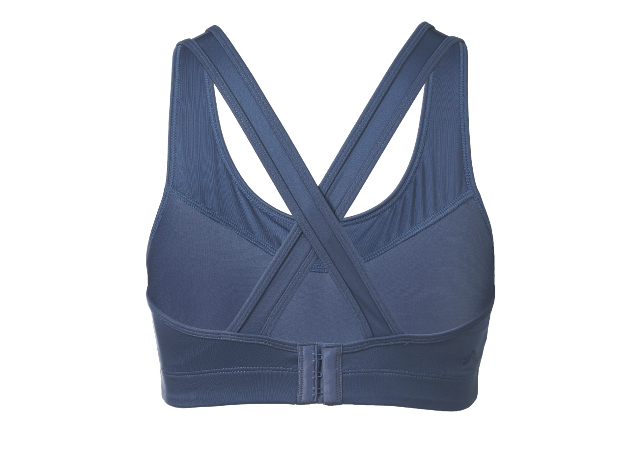 Тъмносин спортен сутиен с кръстосани презрамки на гърба и закопчаване с кукички.