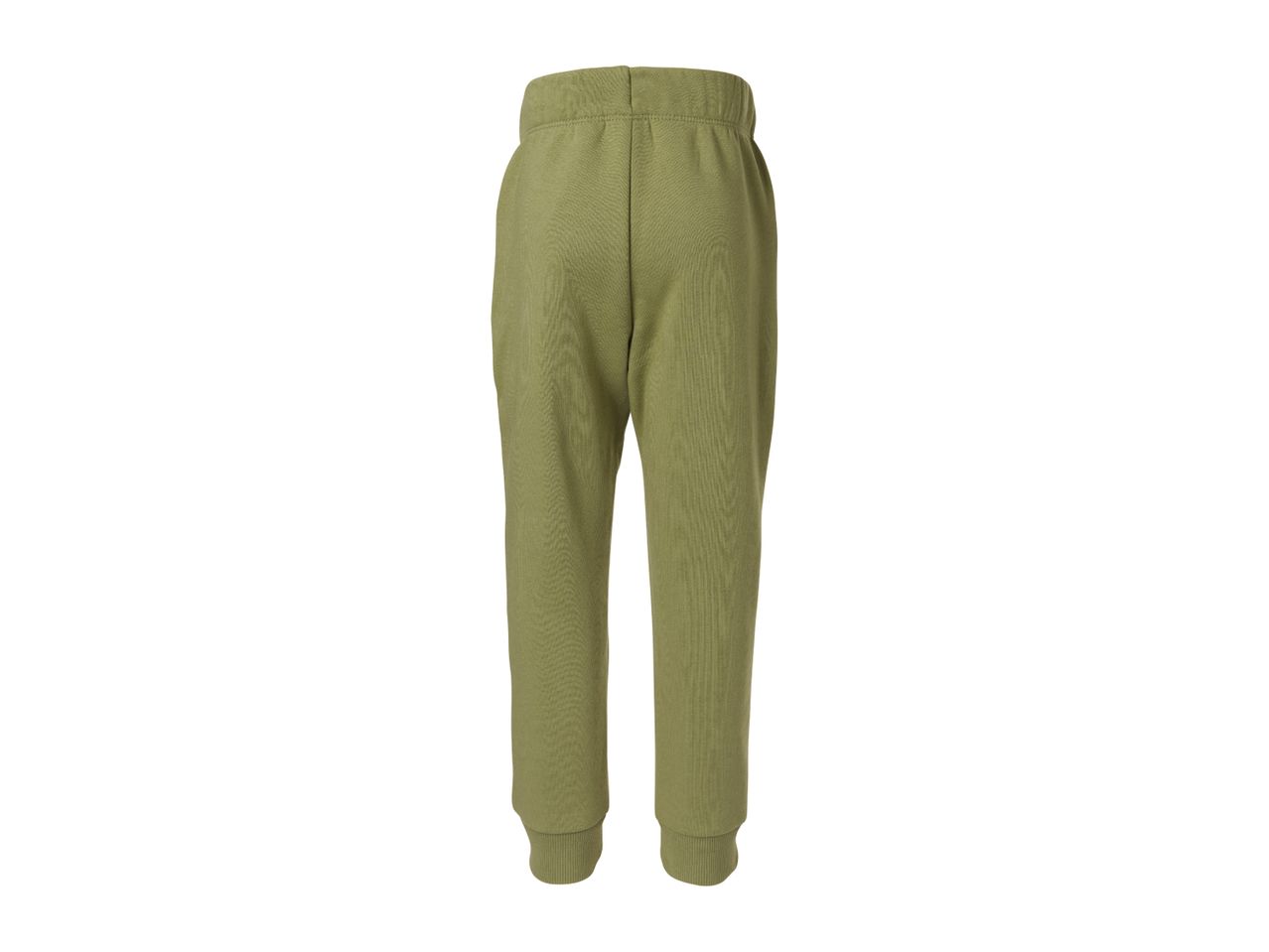 Back view of green sweatpants with an elastic waistband and ribbed cuffs