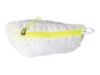 White pouch with a bright yellow zipper and drawstring.