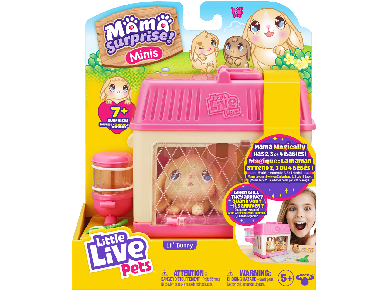 Little Live Pets Mama Surprise Minis, pliušinis zuikis narve su 7 staigmenomis.