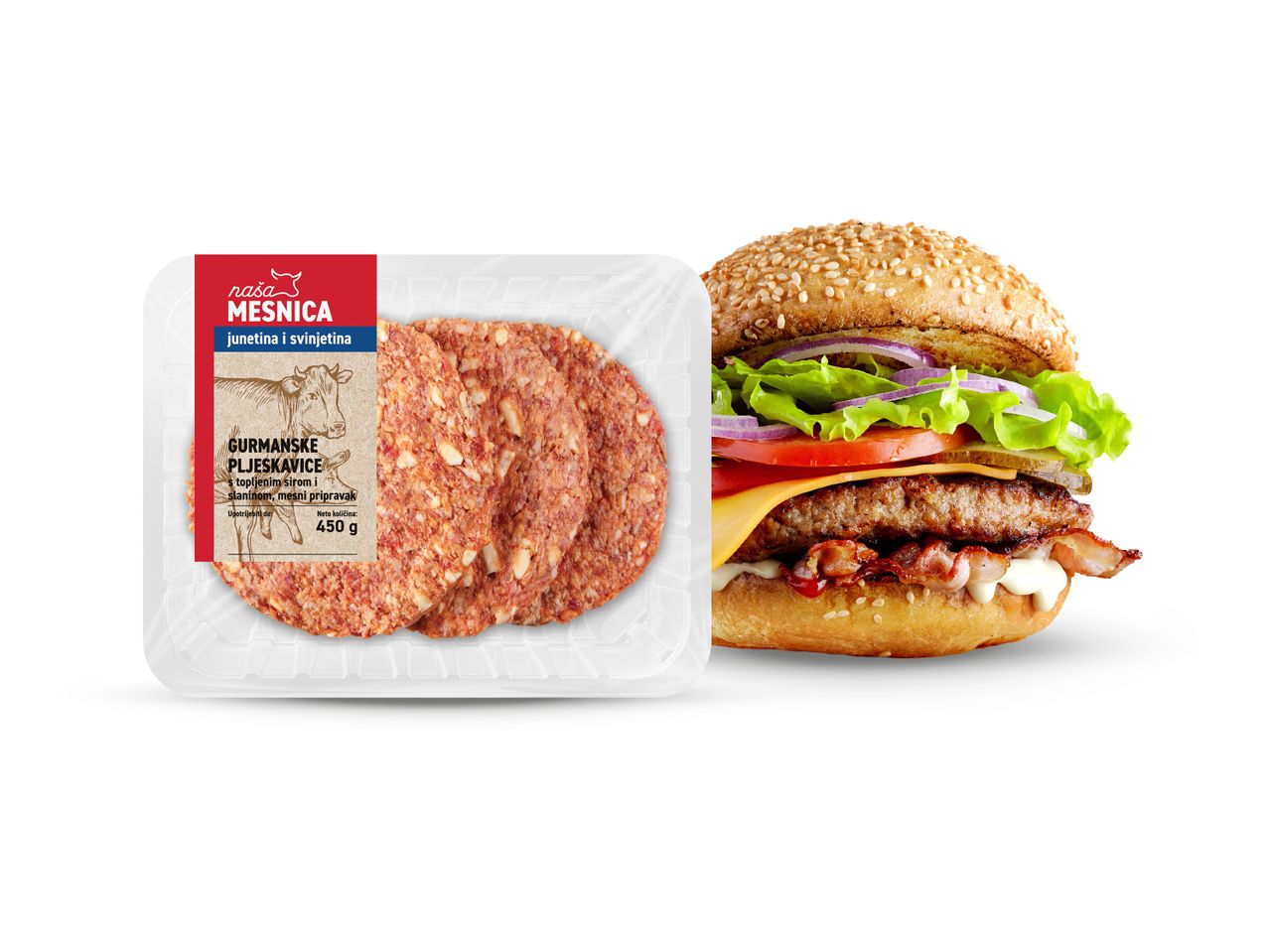 Naša Mesnica gurmanske pljeskavice od junetine i svinjetine sa sirom i slaninom, 450g, pored gotovog burgera.