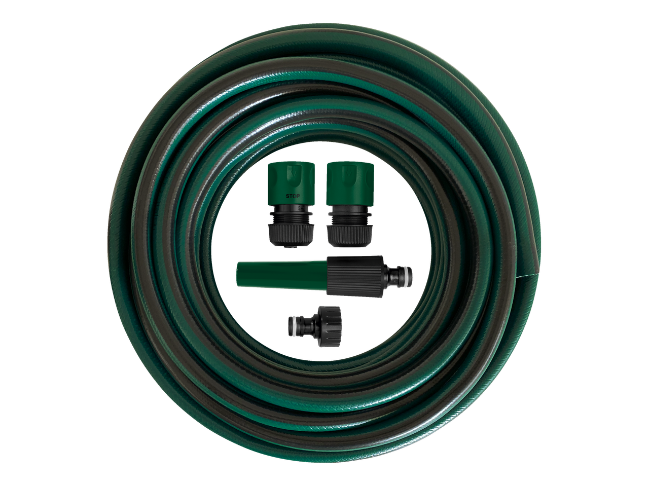 Watering kit: green hose, connectors, and spray nozzle.