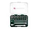 A socket wrench set with various sockets and extensions in a green and clear plastic case.