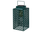 Dark green solar lantern with a cut-out pattern and yellow light.