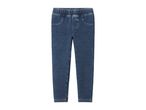 Dark blue denim jeggings for children with an elastic waistband and front pockets.