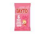A pink Tayto crisps bag, a 6-pack of Prawn Cocktail flavour.