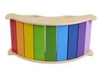Rainbow wooden rocker with colorful slats, featuring a wavy top and bottom.