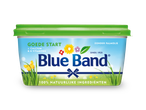 Een pot Blue Band Goede Start margarine, zonder palmolie en met calcium en 8 vitaminen.