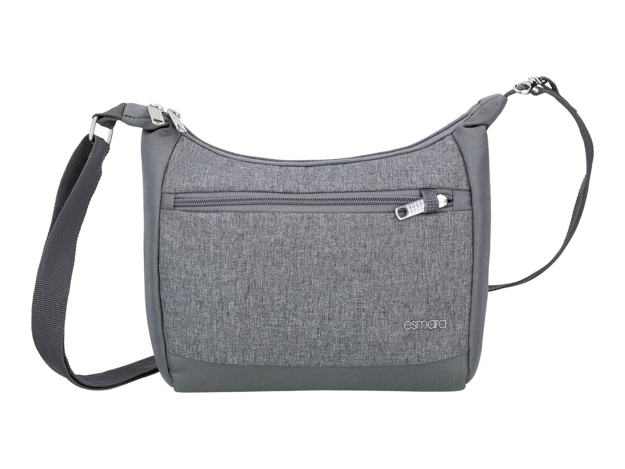Grey shoulder bag with a textured fabric and a front zipper pocket.