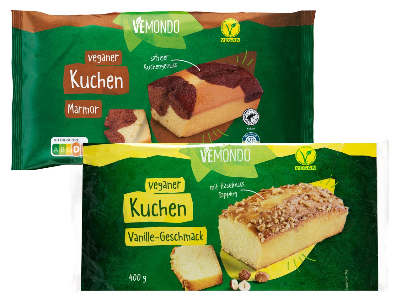 Zwei Packungen veganer Kuchen von Vemondo: ein Marmorkuchen und ein Vanillekuchen mit Haselnuss-Topping.