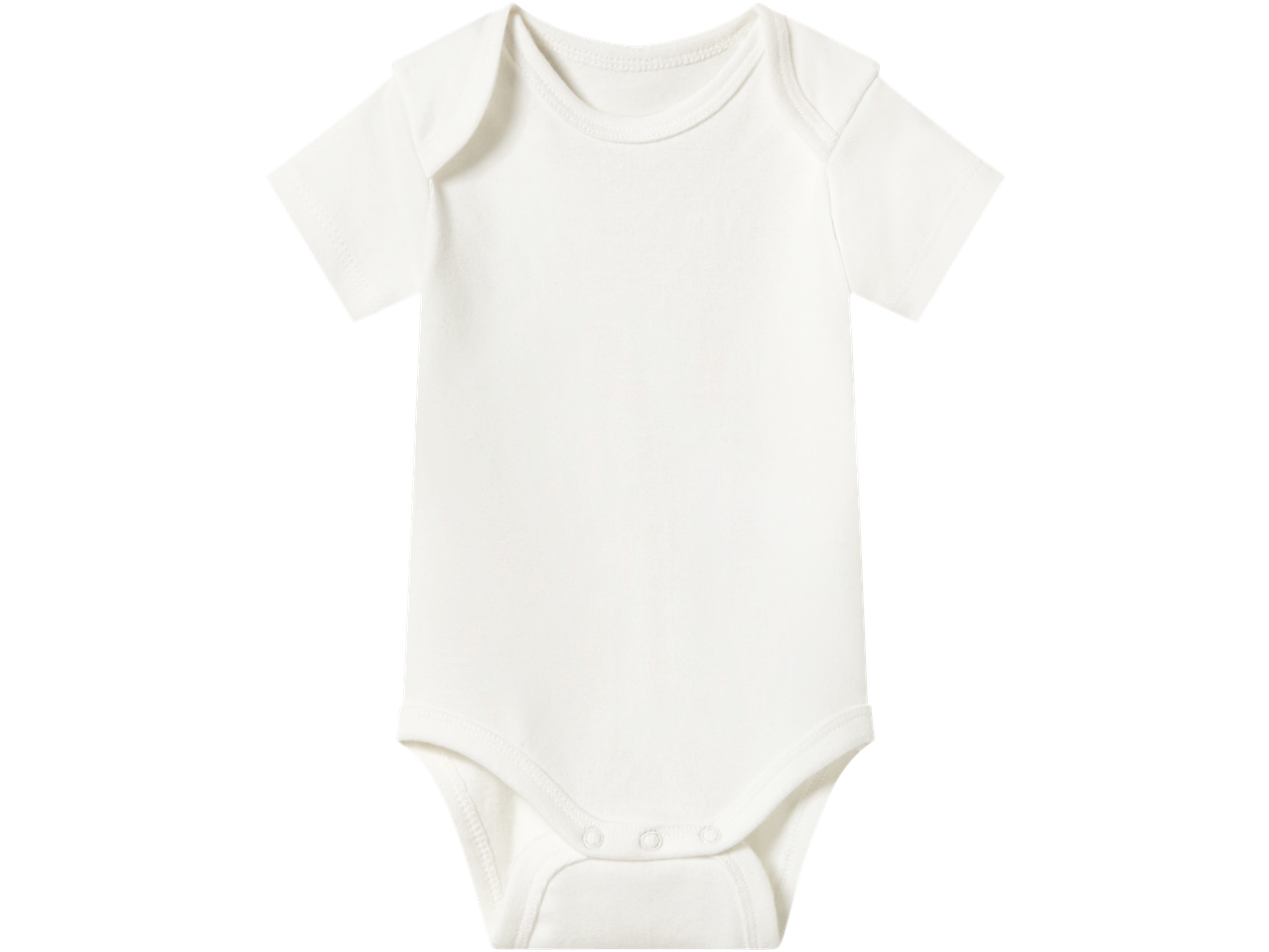 Valge lühikeste varrukatega beebibodi ümara kaeluse ja trukkidega jalgevahel.