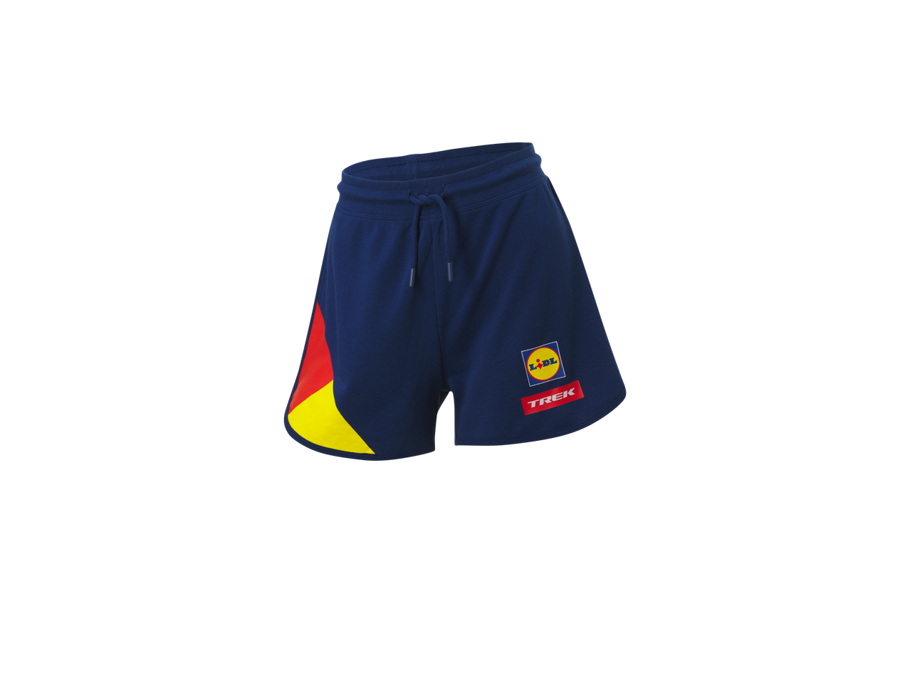 Shorts Lidl Trek com detalhes amarelo-vermelhos.