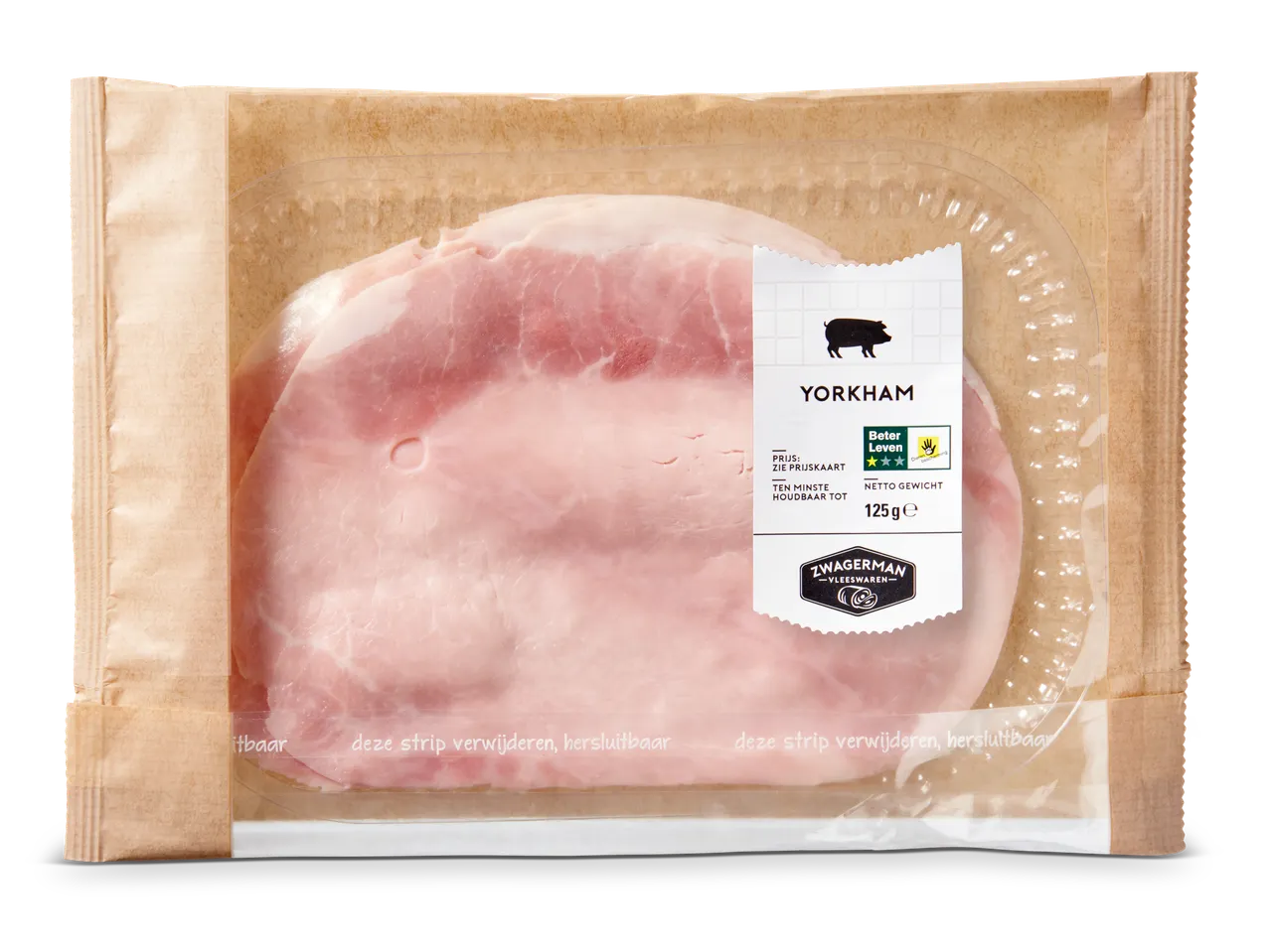 Verpakking Yorkham (gekookte ham) met een Beter Leven 3-sterren keurmerk.