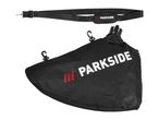 Black collection bag with a shoulder strap for a garden blower or vacuum.