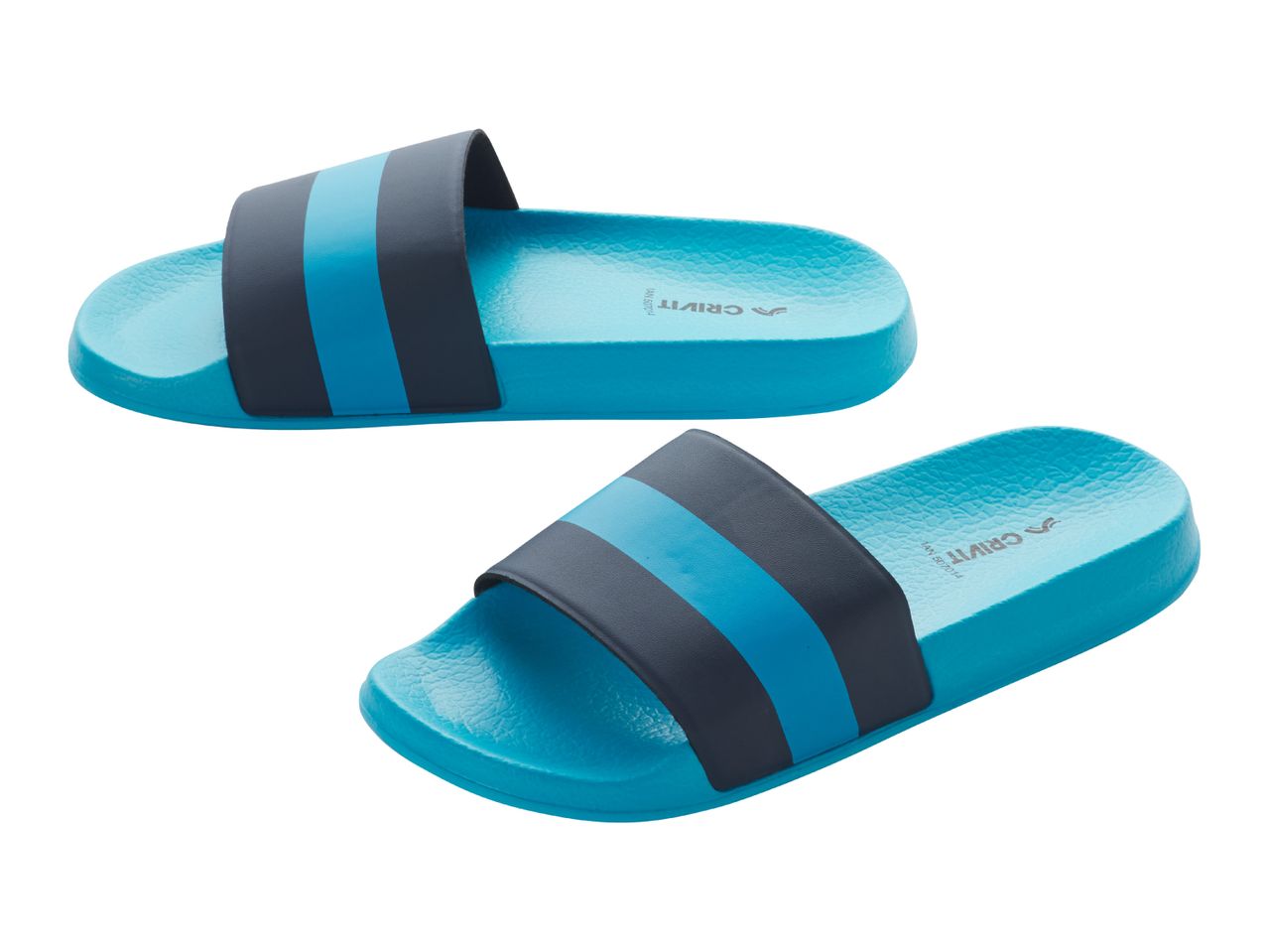 Two blue and dark grey striped slide sandals, one above the other, on a white background.