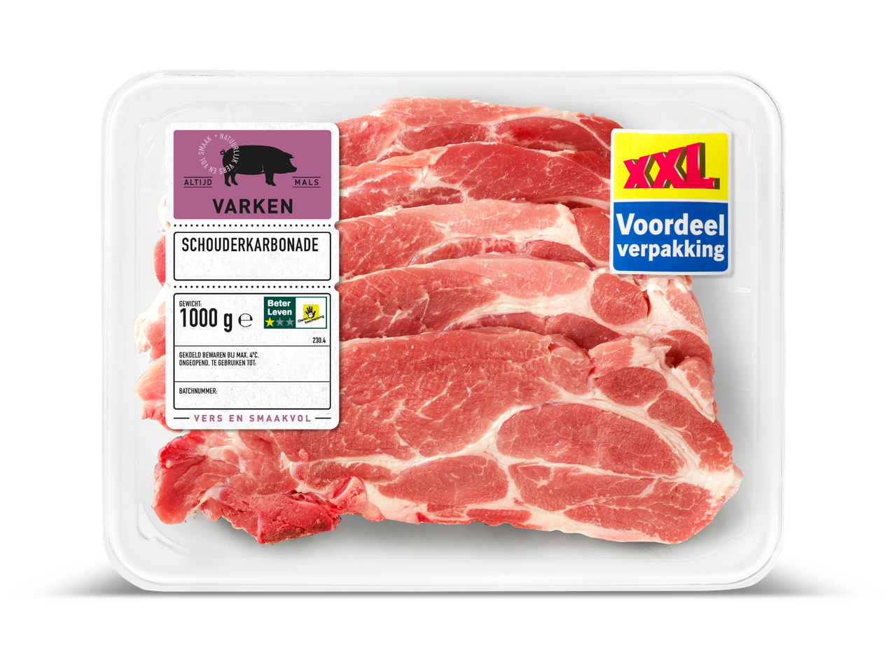 1000g varkenschouderkarbonades in XXL voordeelverpakking van Beter Leven.