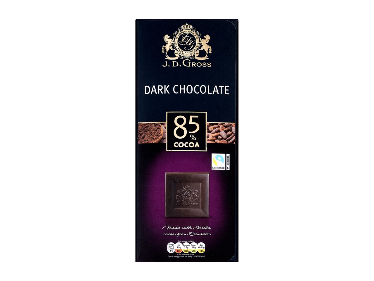 J.D.Gross dark chocolate 85% cocoa, Fairtrade.